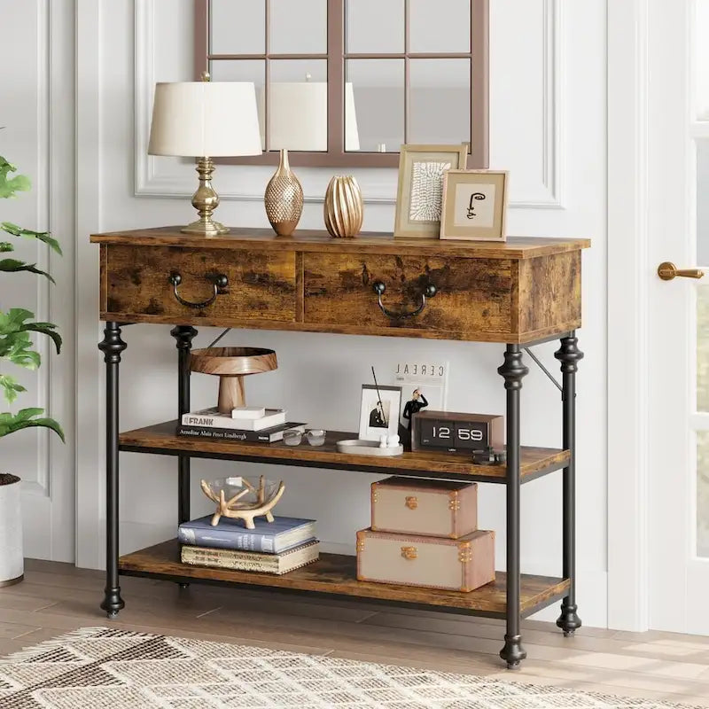 Small Entryway Table with 2 Drawers, Narrow Console Table with Storage Shelves for Living Room