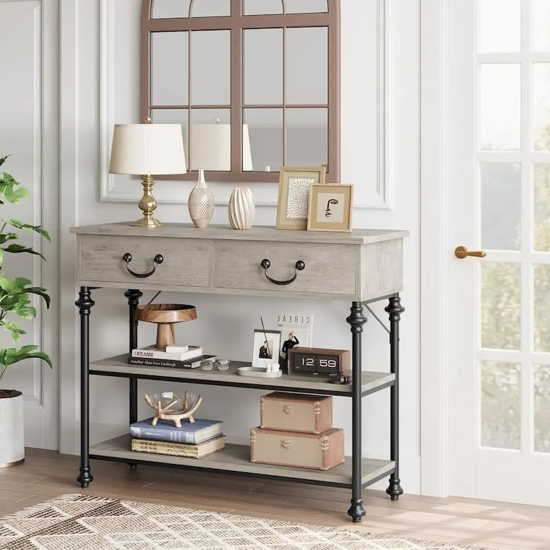 Small Entryway Table with 2 Drawers, Narrow Console Table with Storage Shelves for Living Room