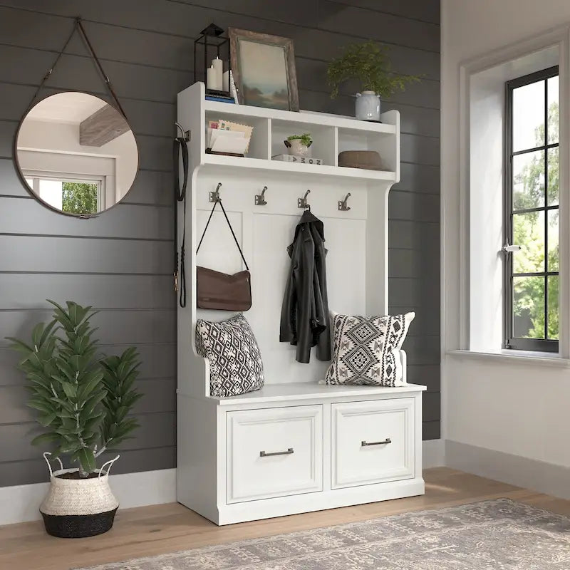 40W Hall Tree with Shoe Storage Bench - Transitional Style