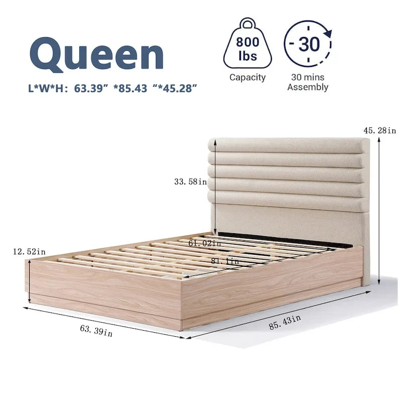 Queen Platform Bed Frame with Upholstered Headboard