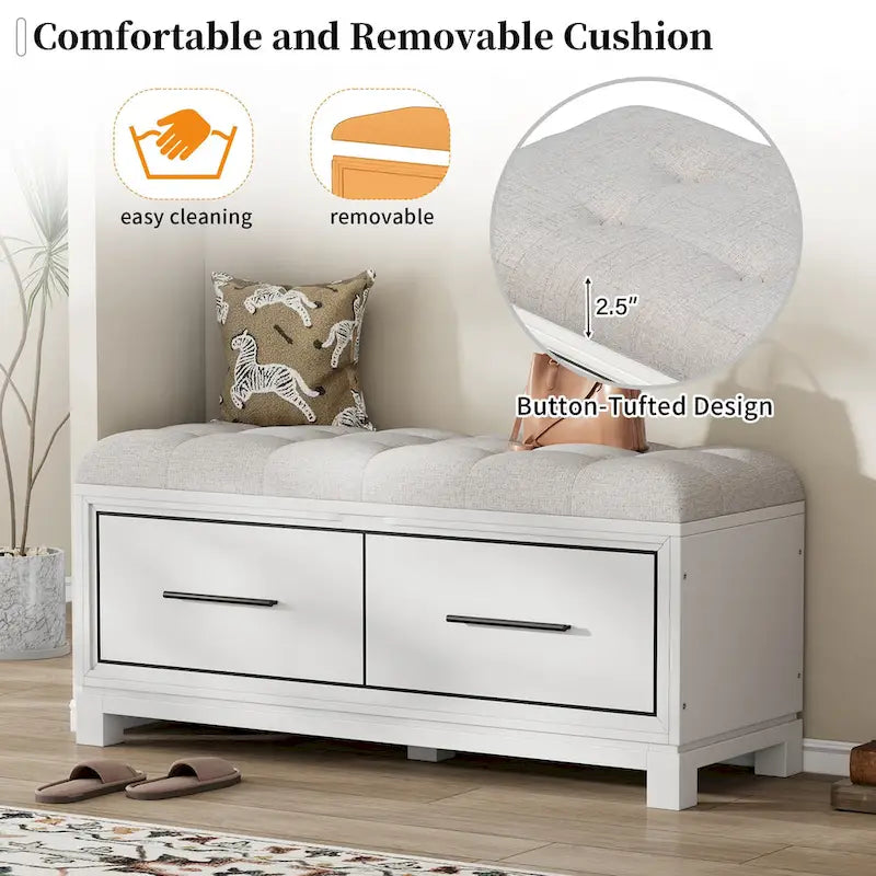 43  Shoe Bench with Removable Cushion & Lift Top Storage, Entryway Bench Wooden End of Bed Bench, Hidden Storage Space
