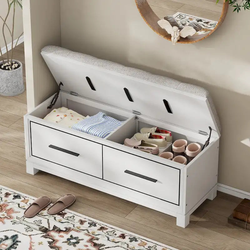 43  Shoe Bench with Removable Cushion & Lift Top Storage, Entryway Bench Wooden End of Bed Bench, Hidden Storage Space