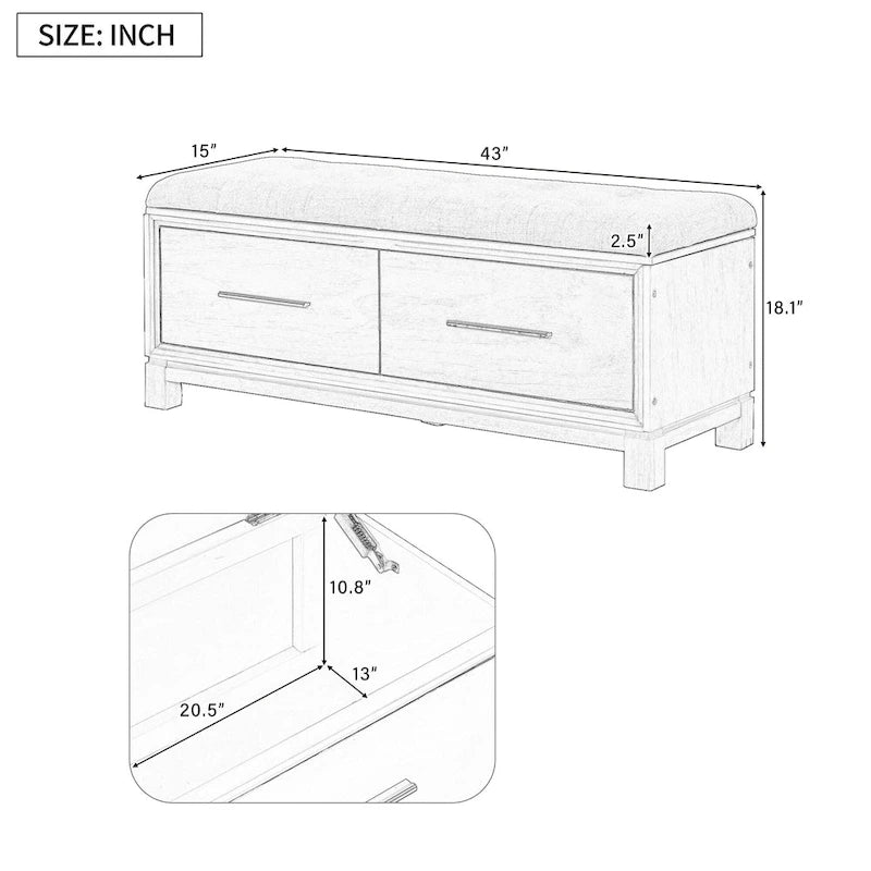 43  Shoe Bench with Removable Cushion & Lift Top Storage, Entryway Bench Wooden End of Bed Bench, Hidden Storage Space