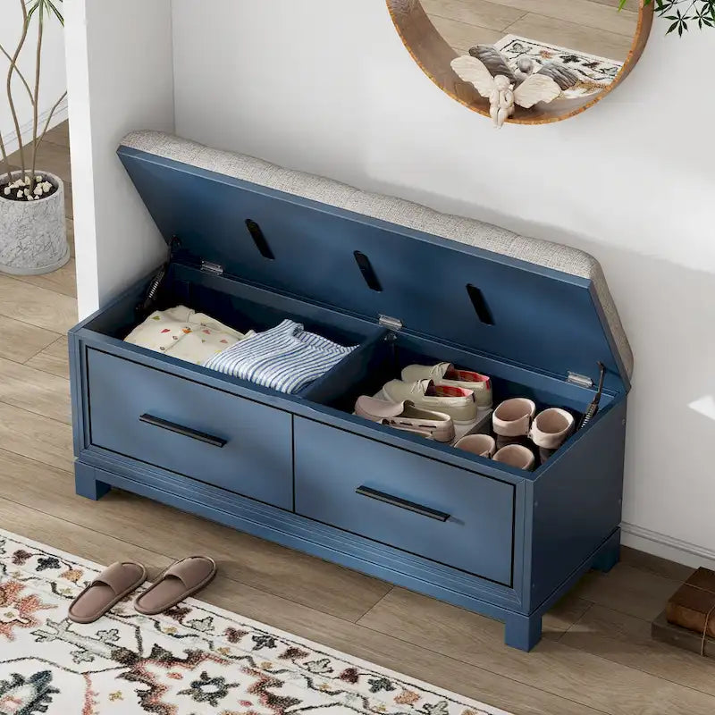 43  Shoe Bench with Removable Cushion & Lift Top Storage, Entryway Bench Wooden End of Bed Bench, Hidden Storage Space