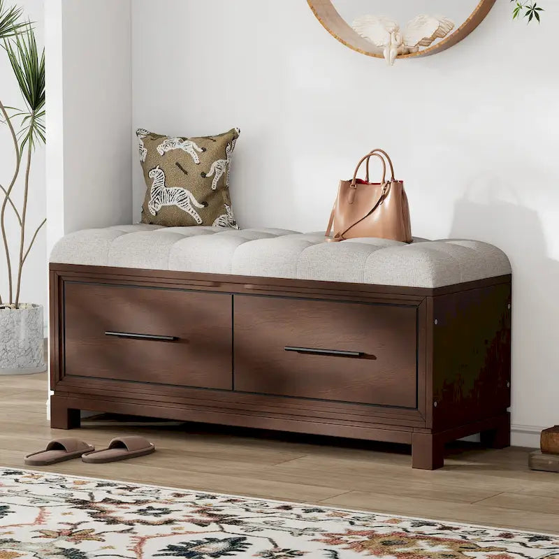 43  Shoe Bench with Removable Cushion & Lift Top Storage, Entryway Bench Wooden End of Bed Bench, Hidden Storage Space