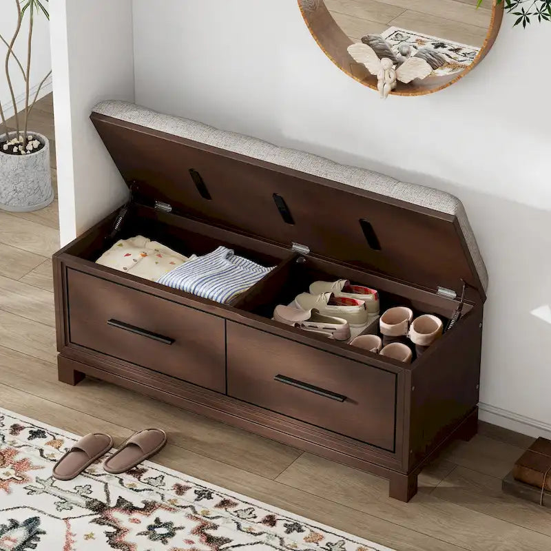 43  Shoe Bench with Removable Cushion & Lift Top Storage, Entryway Bench Wooden End of Bed Bench, Hidden Storage Space