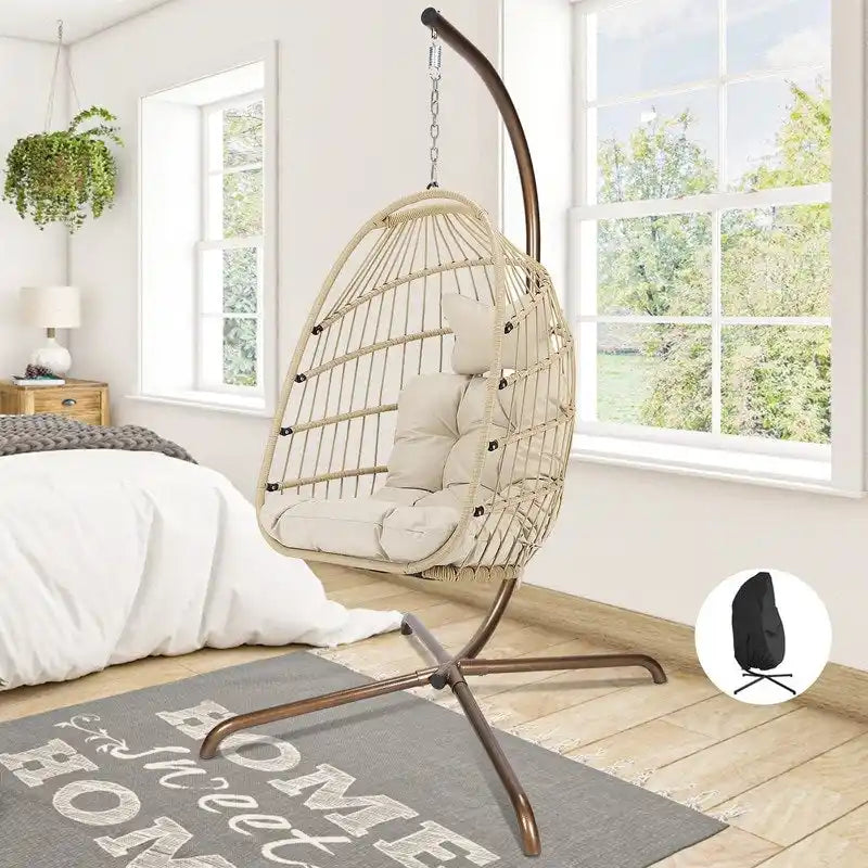 Indoor Royal Oversized Hanging Egg Chair with Stand, 350 lbs Outdoor Egg Swing Chair with Stand, Cozy Egg Chair Swing