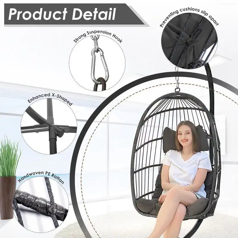 Indoor Royal Oversized Hanging Egg Chair with Stand, 350 lbs Outdoor Egg Swing Chair with Stand, Cozy Egg Chair Swing