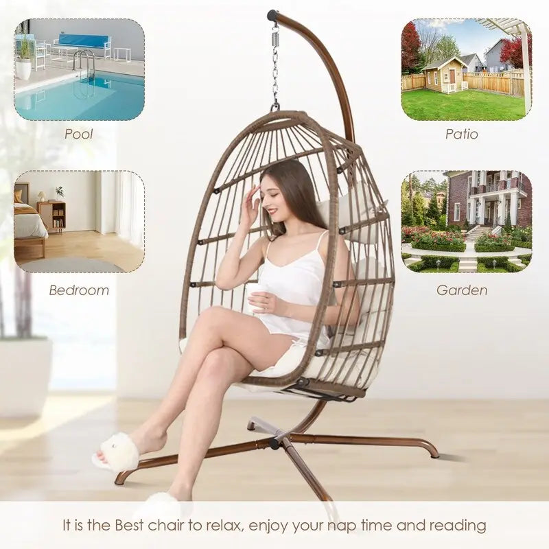 Indoor Royal Oversized Hanging Egg Chair with Stand, 350 lbs Outdoor Egg Swing Chair with Stand, Cozy Egg Chair Swing