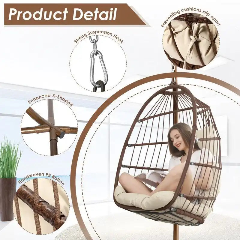 Indoor Royal Oversized Hanging Egg Chair with Stand, 350 lbs Outdoor Egg Swing Chair with Stand, Cozy Egg Chair Swing