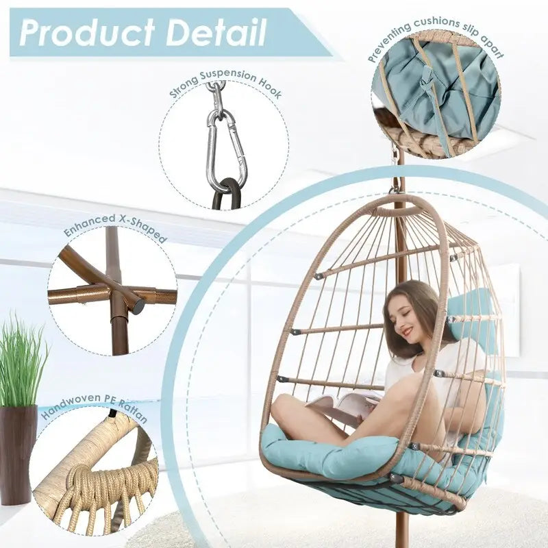 Indoor Royal Oversized Hanging Egg Chair with Stand, 350 lbs Outdoor Egg Swing Chair with Stand, Cozy Egg Chair Swing