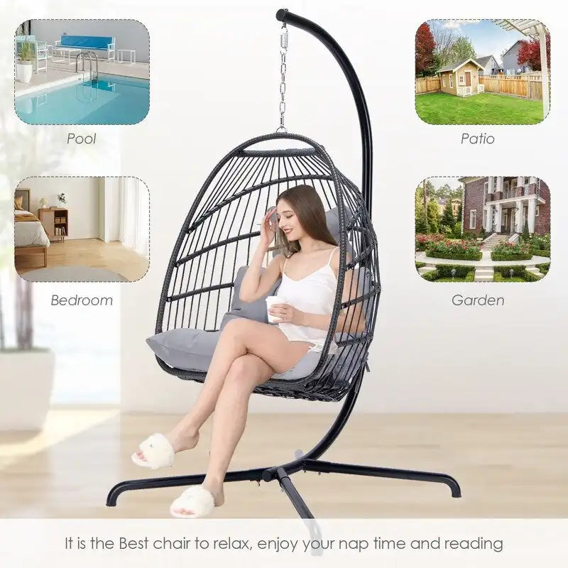 Indoor Royal Oversized Hanging Egg Chair with Stand, 350 lbs Outdoor Egg Swing Chair with Stand, Cozy Egg Chair Swing