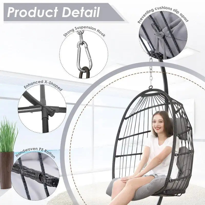 Indoor Royal Oversized Hanging Egg Chair with Stand, 350 lbs Outdoor Egg Swing Chair with Stand, Cozy Egg Chair Swing