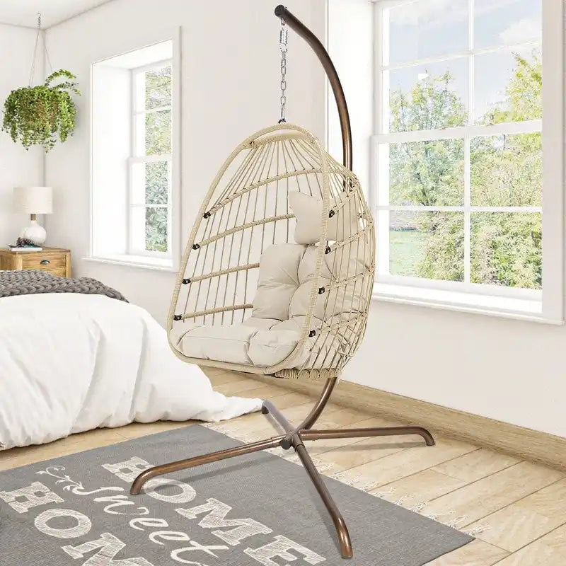 Indoor Royal Oversized Hanging Egg Chair with Stand, 350 lbs Outdoor Egg Swing Chair with Stand, Cozy Egg Chair Swing