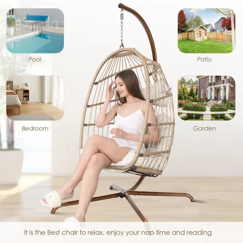 Indoor Royal Oversized Hanging Egg Chair with Stand, 350 lbs Outdoor Egg Swing Chair with Stand, Cozy Egg Chair Swing