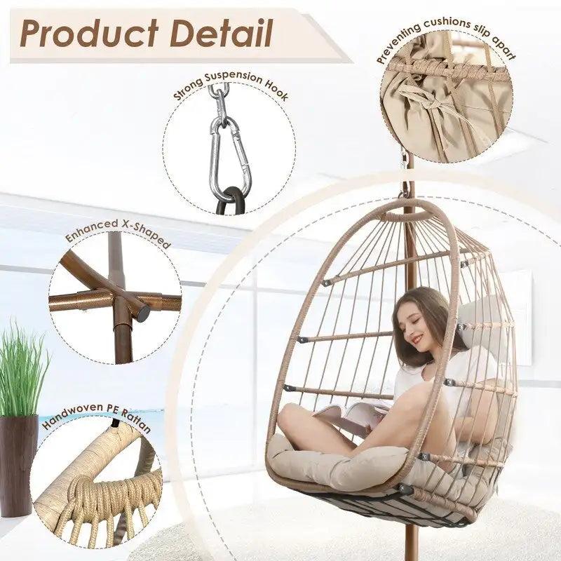 Indoor Royal Oversized Hanging Egg Chair with Stand, 350 lbs Outdoor Egg Swing Chair with Stand, Cozy Egg Chair Swing