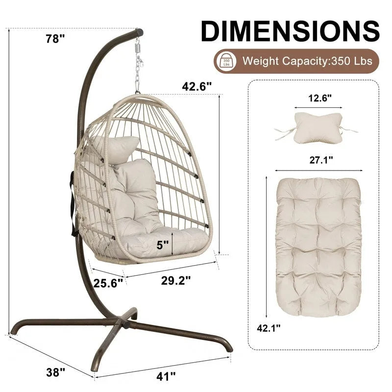 Indoor Royal Oversized Hanging Egg Chair with Stand, 350 lbs Outdoor Egg Swing Chair with Stand, Cozy Egg Chair Swing
