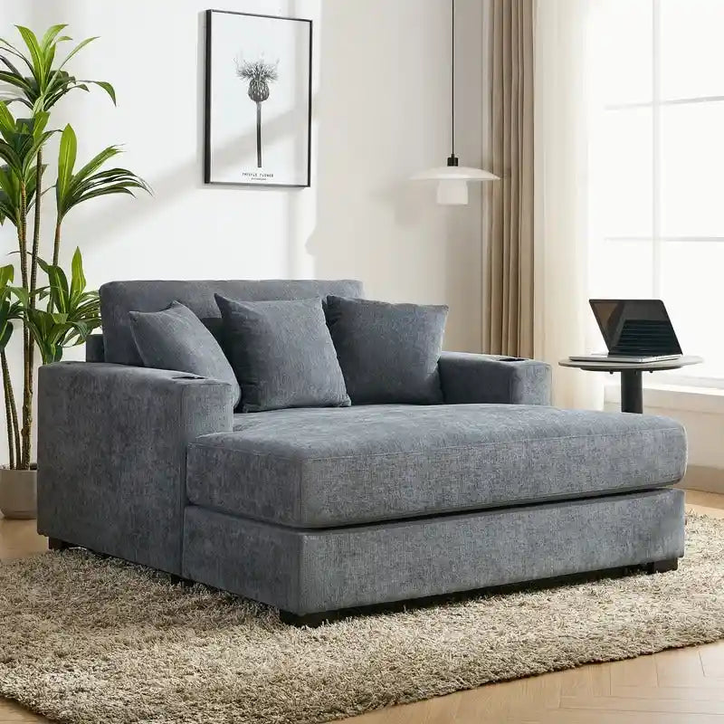 Chenille Fabric Oversized Chaise Lounger, 39.7 /43.5 /55  Chair Bed Sofa Couch with Pillows, Charge Station & Cup Holders