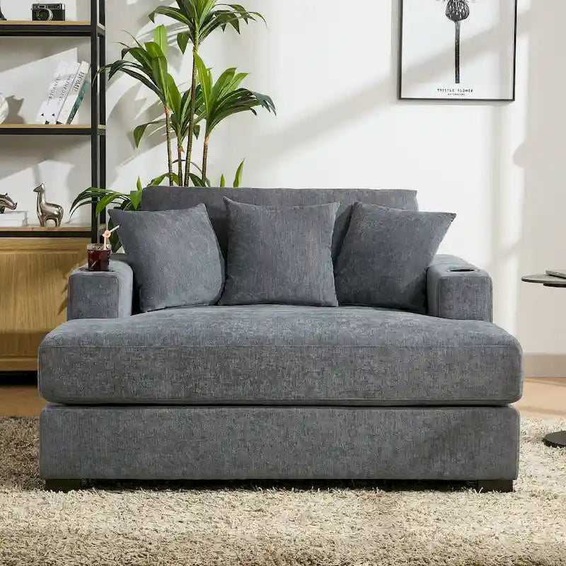 Chenille Fabric Oversized Chaise Lounger, 39.7 /43.5 /55  Chair Bed Sofa Couch with Pillows, Charge Station & Cup Holders