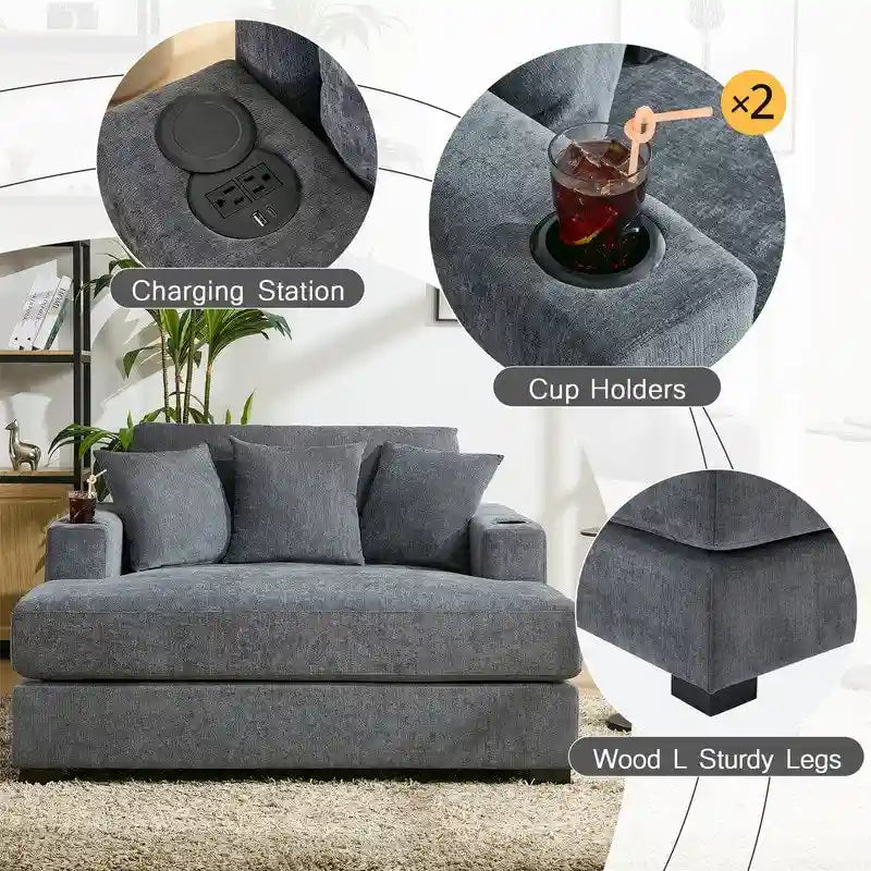 Chenille Fabric Oversized Chaise Lounger, 39.7 /43.5 /55  Chair Bed Sofa Couch with Pillows, Charge Station & Cup Holders
