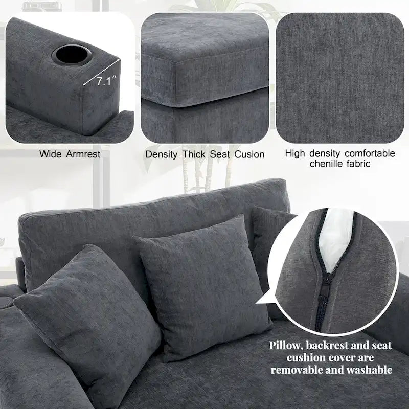 Chenille Fabric Oversized Chaise Lounger, 39.7 /43.5 /55  Chair Bed Sofa Couch with Pillows, Charge Station & Cup Holders