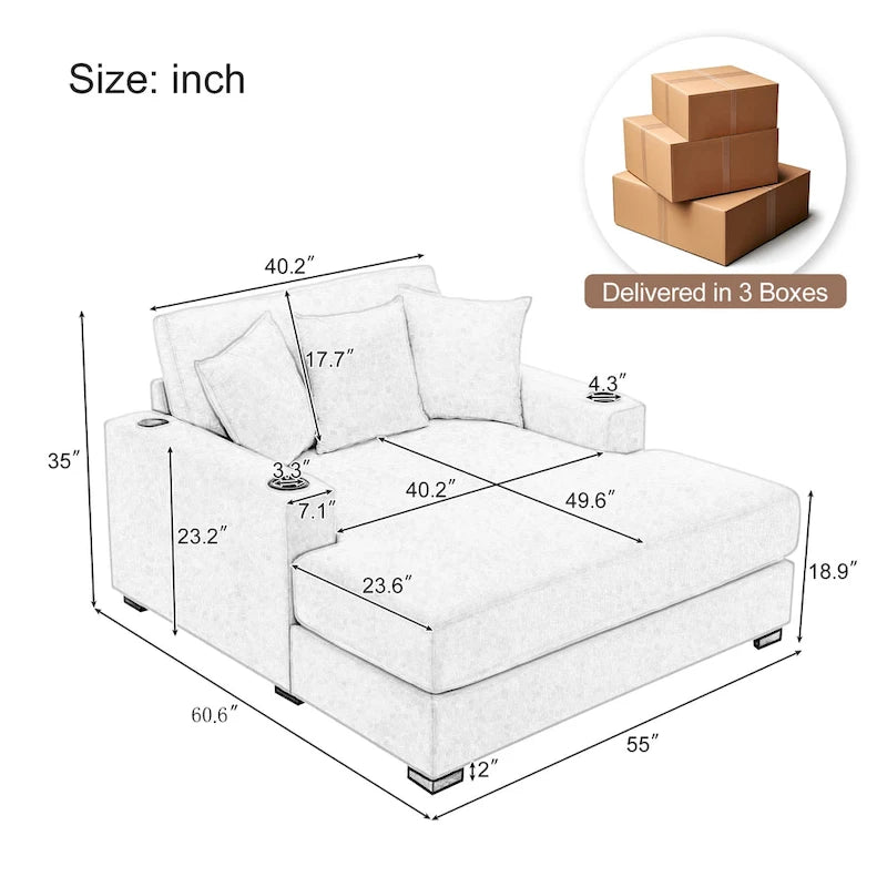 Chenille Fabric Oversized Chaise Lounger, 39.7 /43.5 /55  Chair Bed Sofa Couch with Pillows, Charge Station & Cup Holders