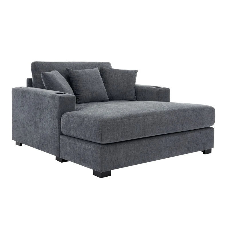 Chenille Fabric Oversized Chaise Lounger, 39.7 /43.5 /55  Chair Bed Sofa Couch with Pillows, Charge Station & Cup Holders
