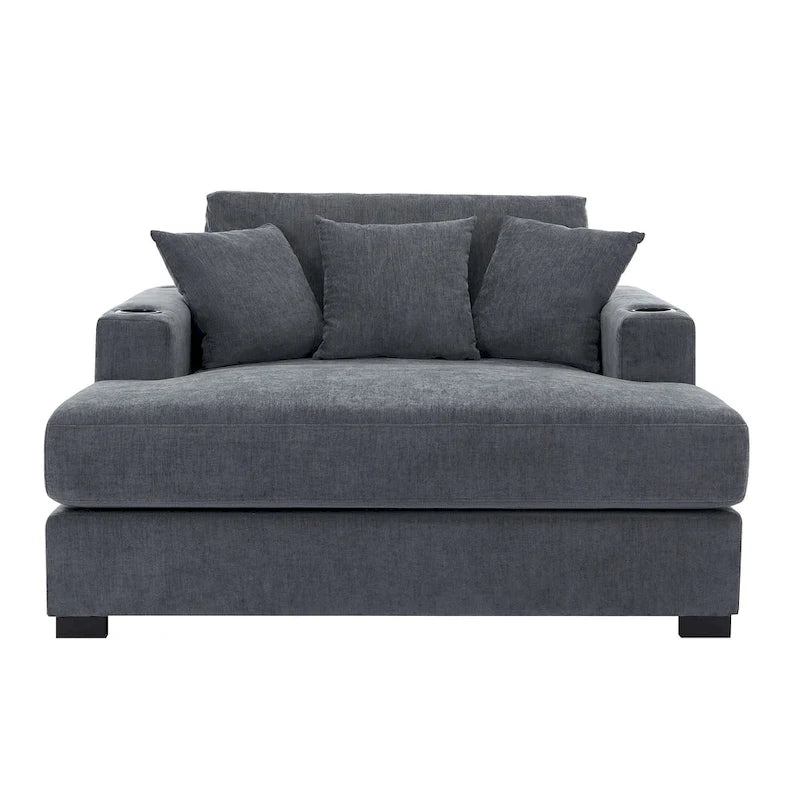 Chenille Fabric Oversized Chaise Lounger, 39.7 /43.5 /55  Chair Bed Sofa Couch with Pillows, Charge Station & Cup Holders