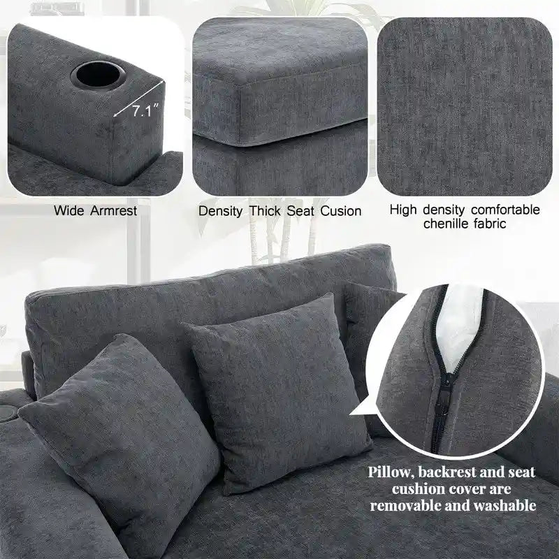 Chenille Fabric Oversized Chaise Lounger, 39.7 /43.5 /55  Chair Bed Sofa Couch with Pillows, Charge Station & Cup Holders