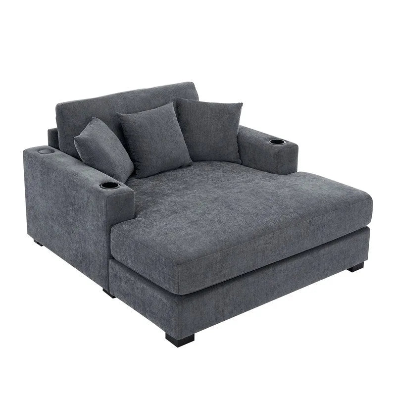 Chenille Fabric Oversized Chaise Lounger, 39.7 /43.5 /55  Chair Bed Sofa Couch with Pillows, Charge Station & Cup Holders