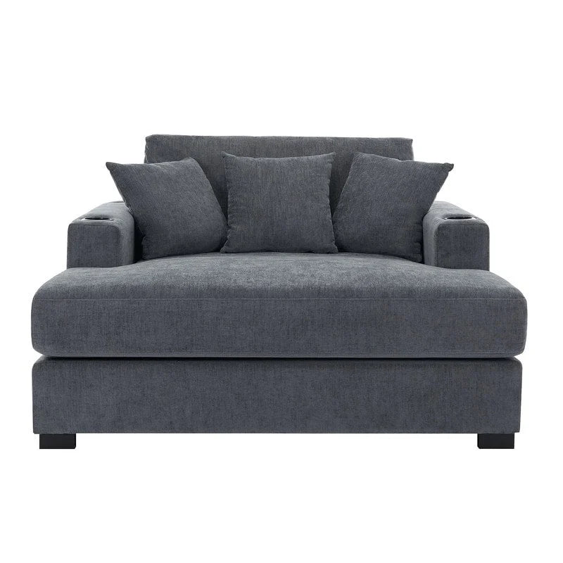 Chenille Fabric Oversized Chaise Lounger, 39.7 /43.5 /55  Chair Bed Sofa Couch with Pillows, Charge Station & Cup Holders
