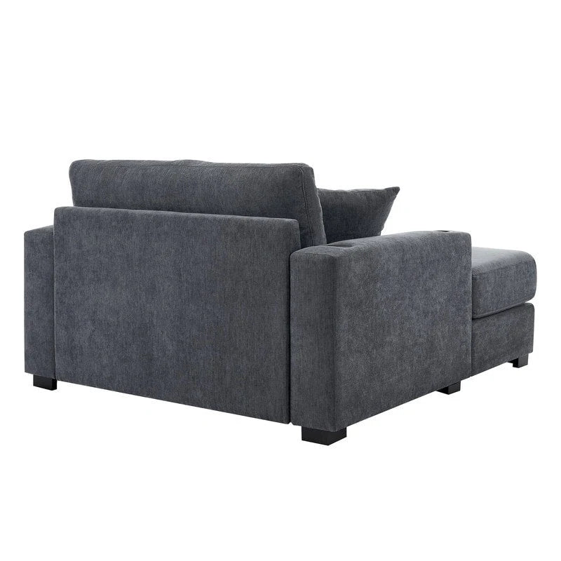 Chenille Fabric Oversized Chaise Lounger, 39.7 /43.5 /55  Chair Bed Sofa Couch with Pillows, Charge Station & Cup Holders