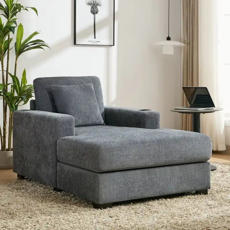 Chenille Fabric Oversized Chaise Lounger, 39.7 /43.5 /55  Chair Bed Sofa Couch with Pillows, Charge Station & Cup Holders