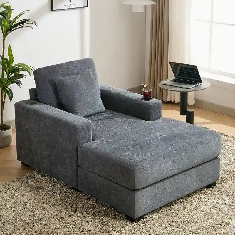 Chenille Fabric Oversized Chaise Lounger, 39.7 /43.5 /55  Chair Bed Sofa Couch with Pillows, Charge Station & Cup Holders