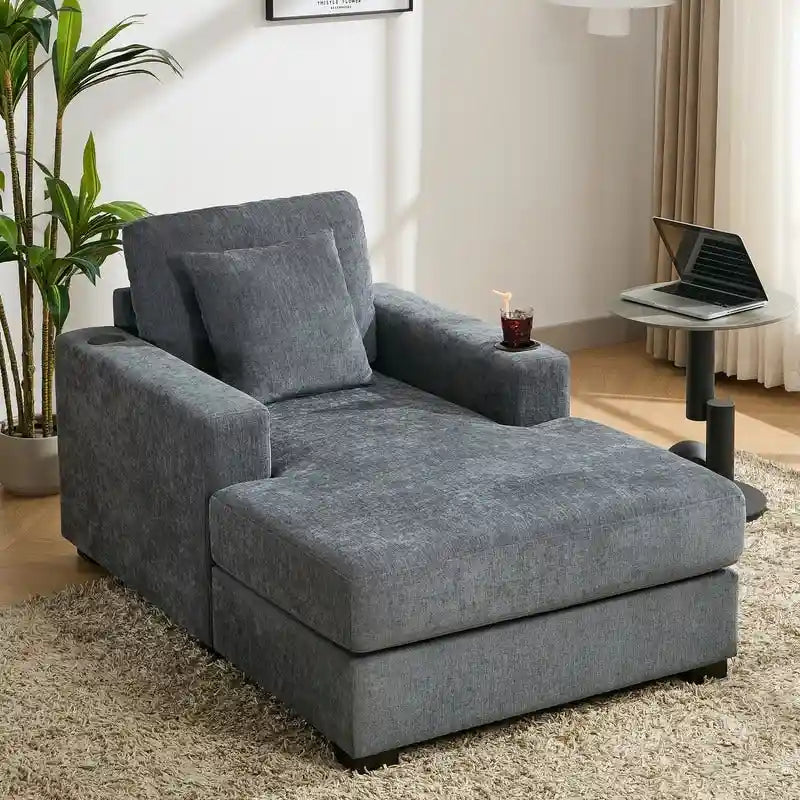Chenille Fabric Oversized Chaise Lounger, 39.7 /43.5 /55  Chair Bed Sofa Couch with Pillows, Charge Station & Cup Holders