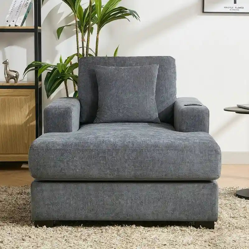 Chenille Fabric Oversized Chaise Lounger, 39.7 /43.5 /55  Chair Bed Sofa Couch with Pillows, Charge Station & Cup Holders