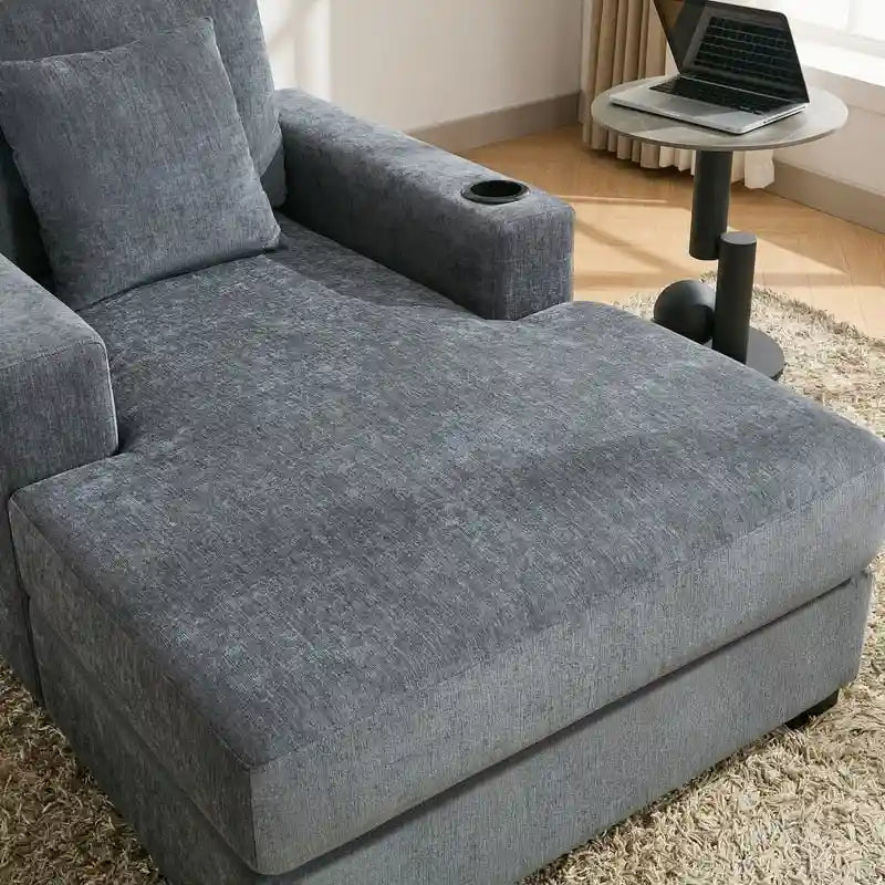 Chenille Fabric Oversized Chaise Lounger, 39.7 /43.5 /55  Chair Bed Sofa Couch with Pillows, Charge Station & Cup Holders