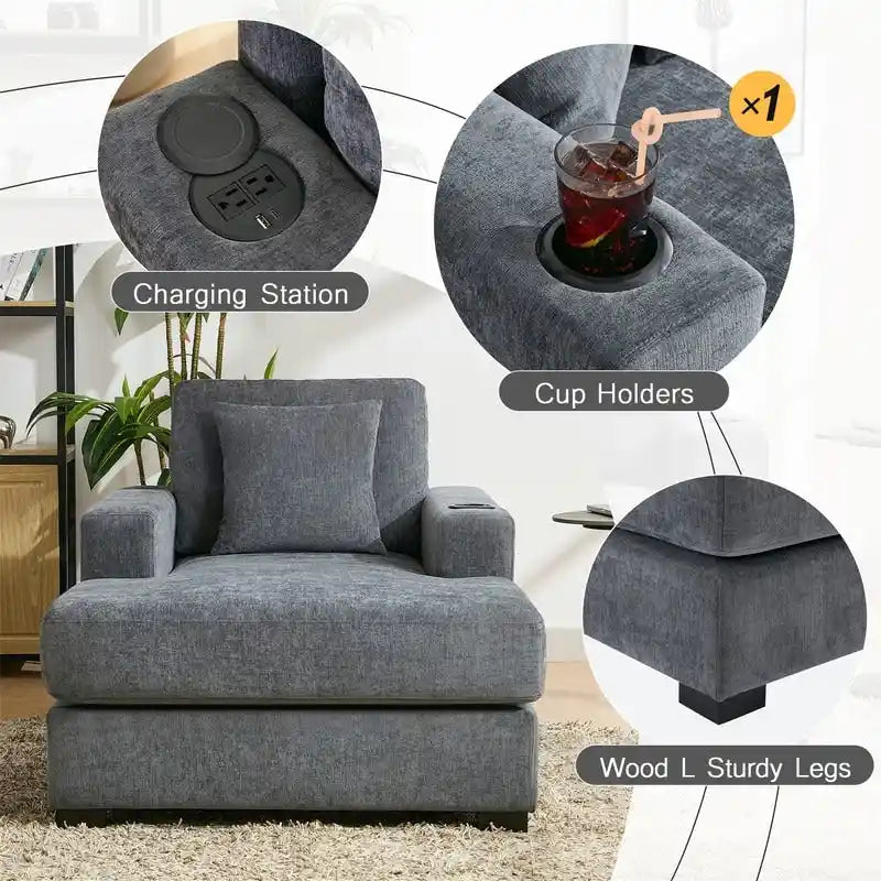 Chenille Fabric Oversized Chaise Lounger, 39.7 /43.5 /55  Chair Bed Sofa Couch with Pillows, Charge Station & Cup Holders