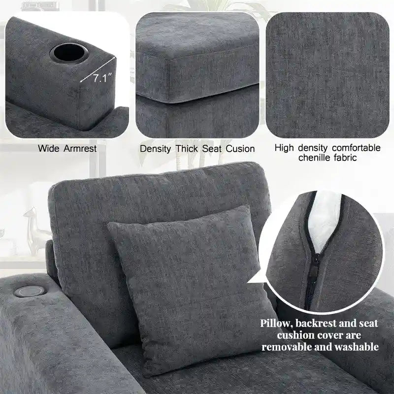 Chenille Fabric Oversized Chaise Lounger, 39.7 /43.5 /55  Chair Bed Sofa Couch with Pillows, Charge Station & Cup Holders