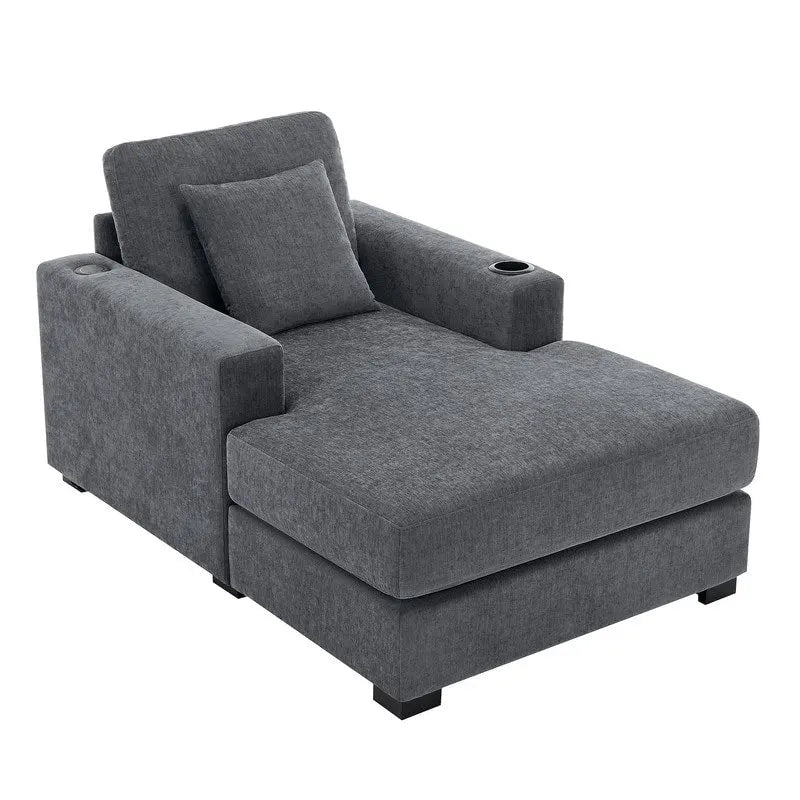 Chenille Fabric Oversized Chaise Lounger, 39.7 /43.5 /55  Chair Bed Sofa Couch with Pillows, Charge Station & Cup Holders