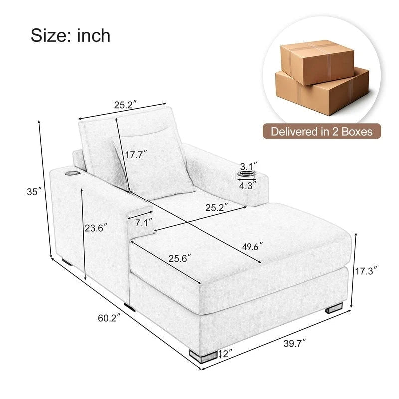 Chenille Fabric Oversized Chaise Lounger, 39.7 /43.5 /55  Chair Bed Sofa Couch with Pillows, Charge Station & Cup Holders