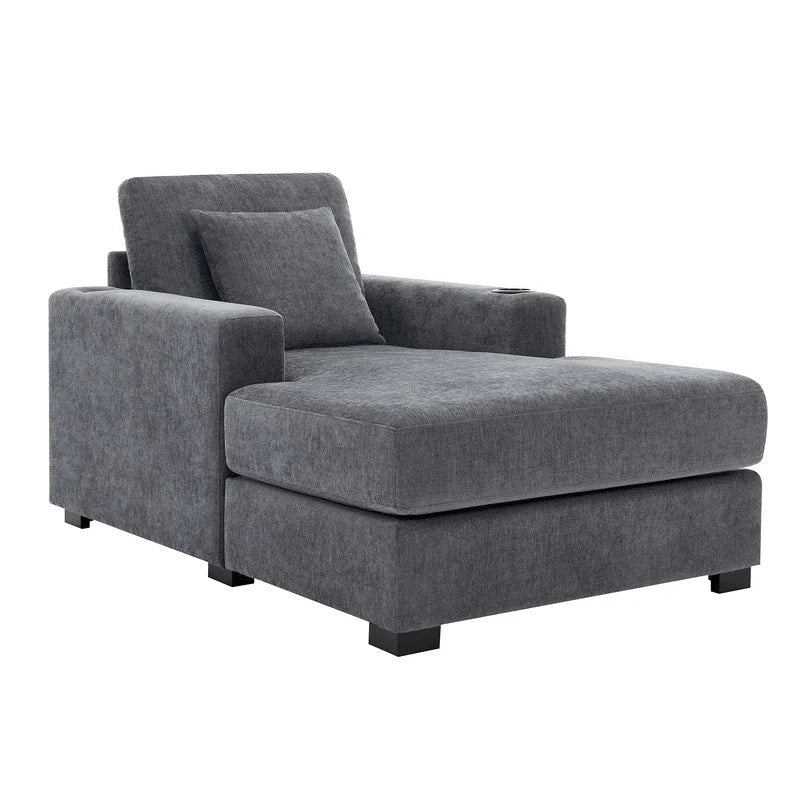 Chenille Fabric Oversized Chaise Lounger, 39.7 /43.5 /55  Chair Bed Sofa Couch with Pillows, Charge Station & Cup Holders