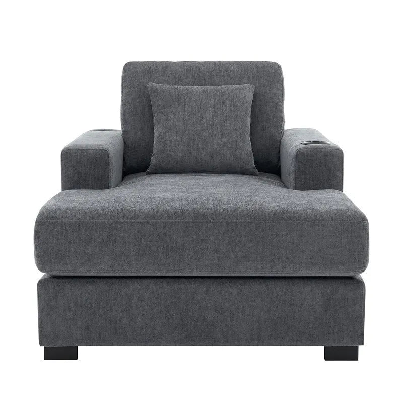 Chenille Fabric Oversized Chaise Lounger, 39.7 /43.5 /55  Chair Bed Sofa Couch with Pillows, Charge Station & Cup Holders