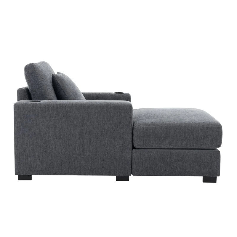 Chenille Fabric Oversized Chaise Lounger, 39.7 /43.5 /55  Chair Bed Sofa Couch with Pillows, Charge Station & Cup Holders