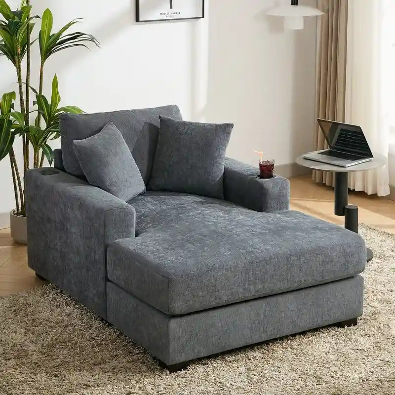 Chenille Fabric Oversized Chaise Lounger, 39.7 /43.5 /55  Chair Bed Sofa Couch with Pillows, Charge Station & Cup Holders