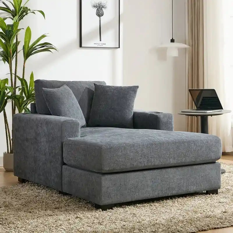Chenille Fabric Oversized Chaise Lounger, 39.7 /43.5 /55  Chair Bed Sofa Couch with Pillows, Charge Station & Cup Holders