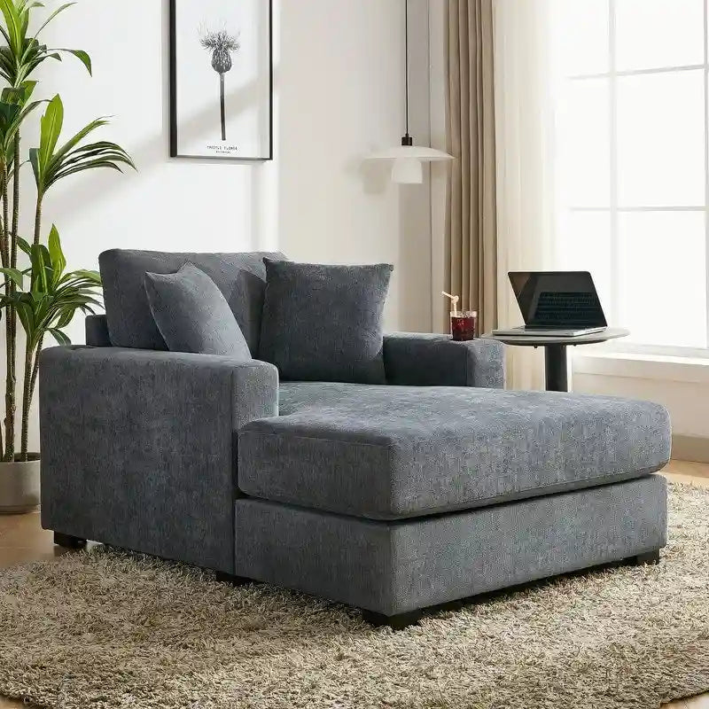 Chenille Fabric Oversized Chaise Lounger, 39.7 /43.5 /55  Chair Bed Sofa Couch with Pillows, Charge Station & Cup Holders