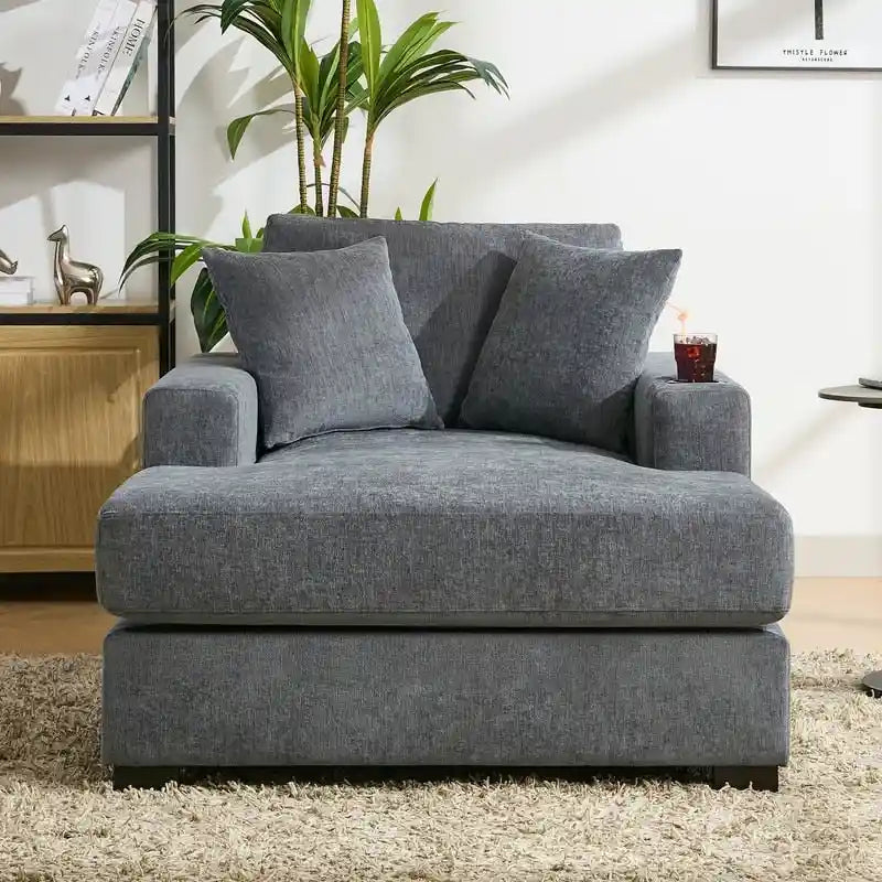 Chenille Fabric Oversized Chaise Lounger, 39.7 /43.5 /55  Chair Bed Sofa Couch with Pillows, Charge Station & Cup Holders