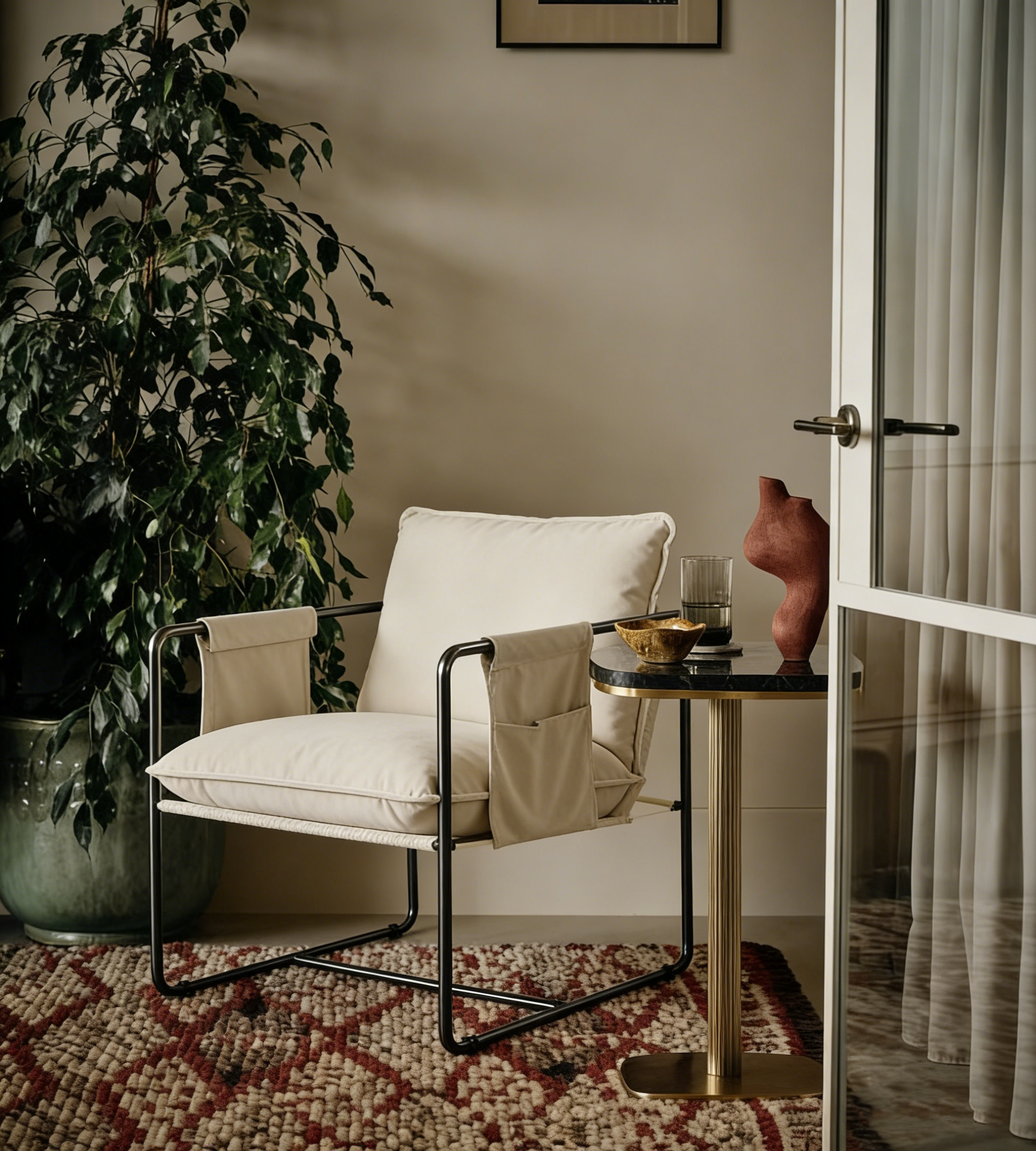 Modern metal-framed armchair with storage pocket