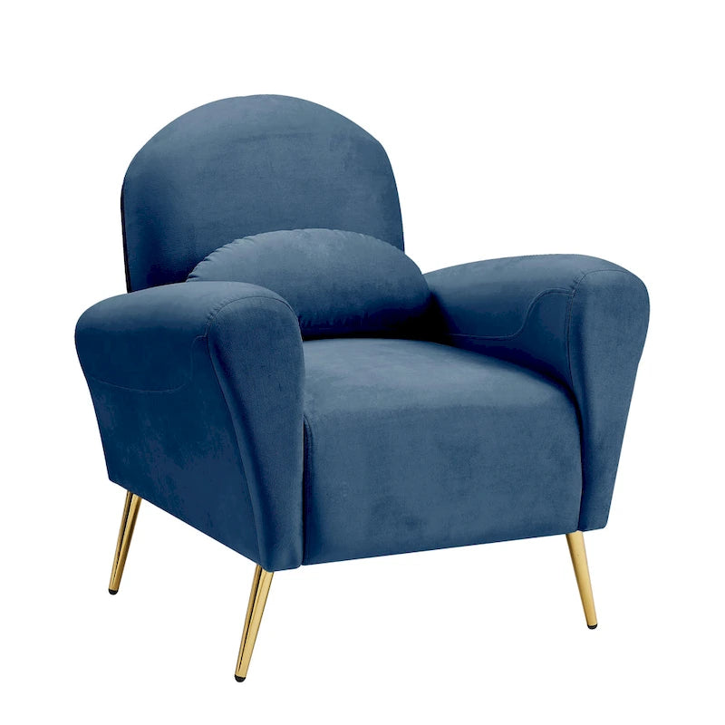 Velvet Modern Accent Chair Comfy Upholstered Armchair with Pillow and Golden Metal Lges for Living Room